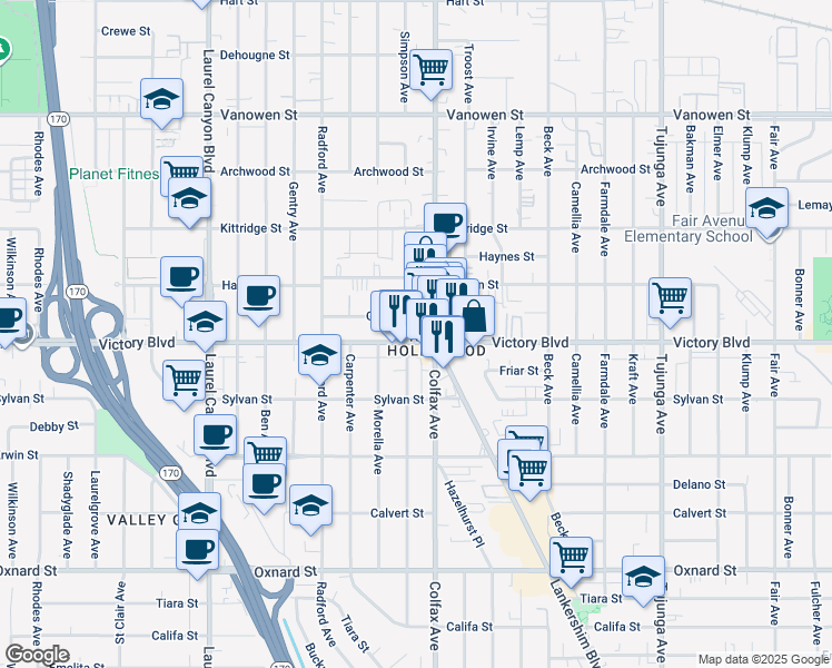 map of restaurants, bars, coffee shops, grocery stores, and more near 11734 Victory Boulevard in Los Angeles