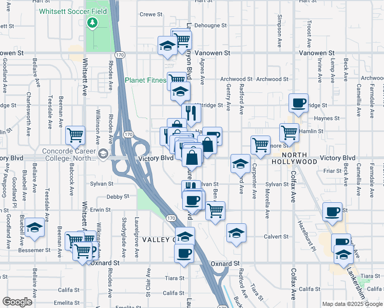 map of restaurants, bars, coffee shops, grocery stores, and more near 6410 Laurel Canyon Boulevard in Los Angeles
