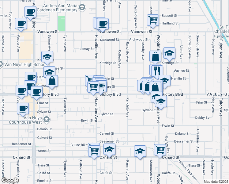 map of restaurants, bars, coffee shops, grocery stores, and more near 13959 Victory Boulevard in Los Angeles