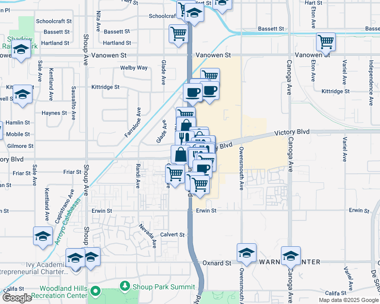 map of restaurants, bars, coffee shops, grocery stores, and more near Topanga Canyon Blvd & Victory Blvd in Los Angeles