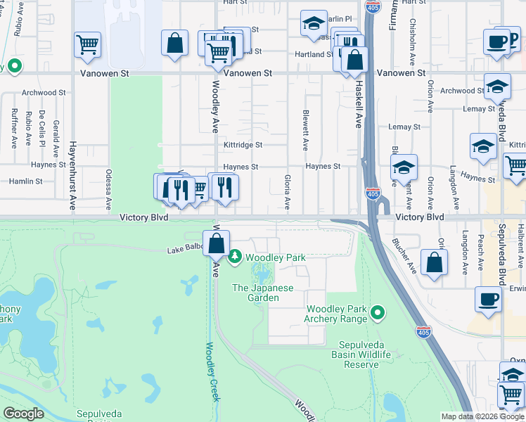 map of restaurants, bars, coffee shops, grocery stores, and more near 15939 Victory Boulevard in Los Angeles