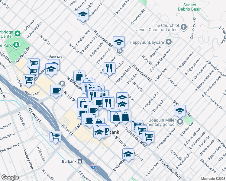 map of restaurants, bars, coffee shops, grocery stores, and more near 545 Palm Avenue in Burbank