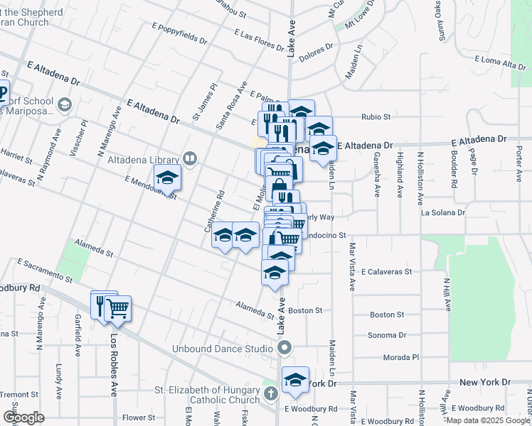 map of restaurants, bars, coffee shops, grocery stores, and more near 2440 El Molino Avenue in Altadena