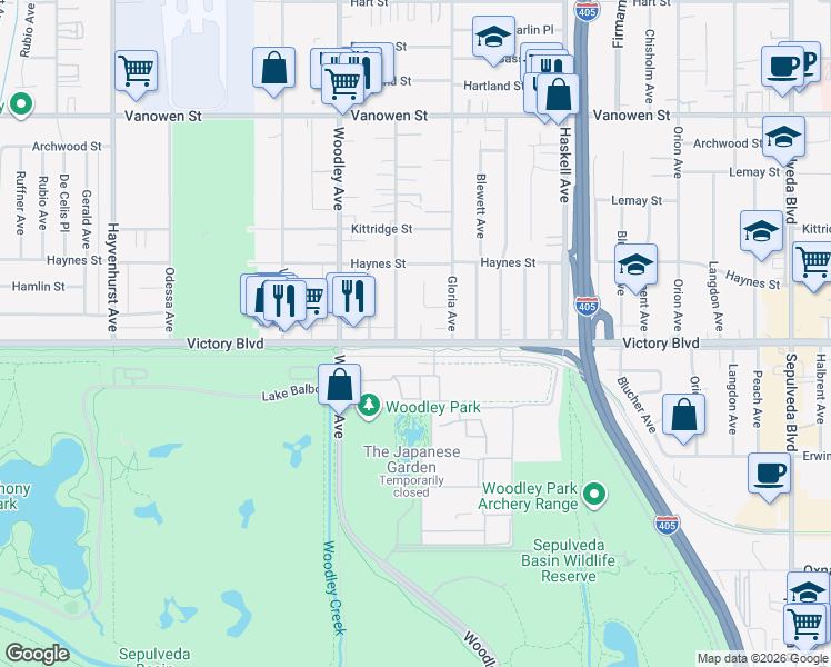 map of restaurants, bars, coffee shops, grocery stores, and more near 15939 Victory Boulevard in Los Angeles