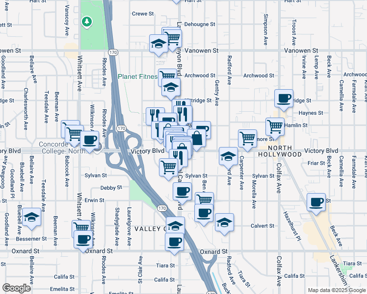 map of restaurants, bars, coffee shops, grocery stores, and more near 6410 Laurel Canyon Boulevard in Los Angeles