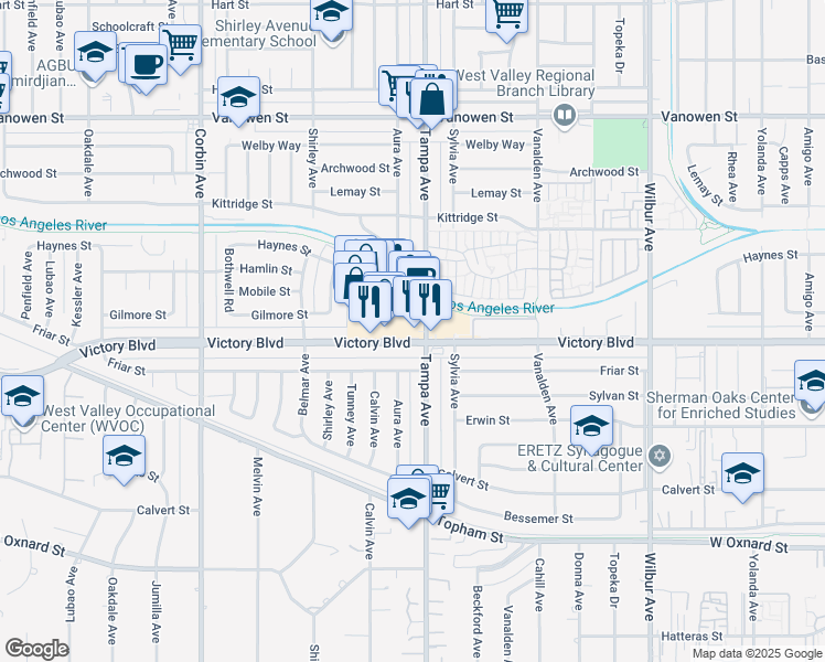 map of restaurants, bars, coffee shops, grocery stores, and more near 19305 Victory Boulevard in Los Angeles