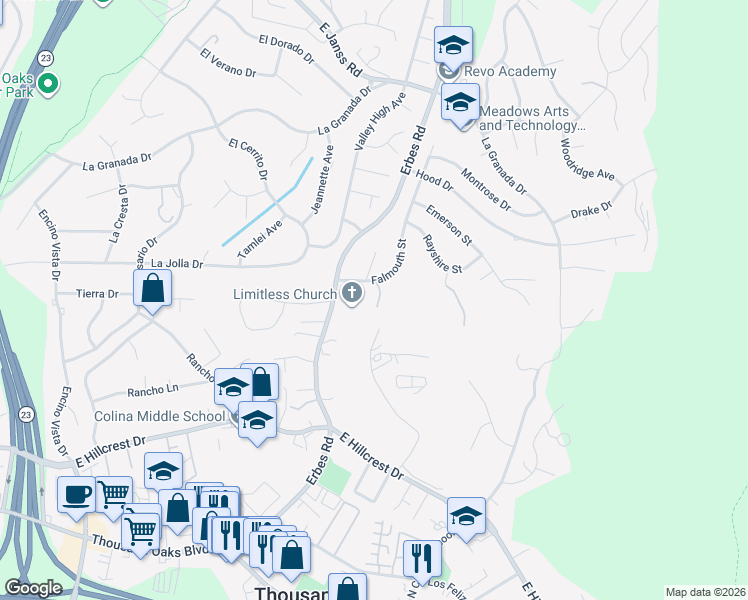 map of restaurants, bars, coffee shops, grocery stores, and more near 791 Gloucester Lane in Thousand Oaks