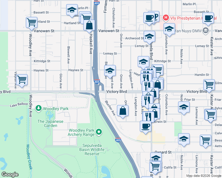 map of restaurants, bars, coffee shops, grocery stores, and more near 15460 West Victory Boulevard in Los Angeles