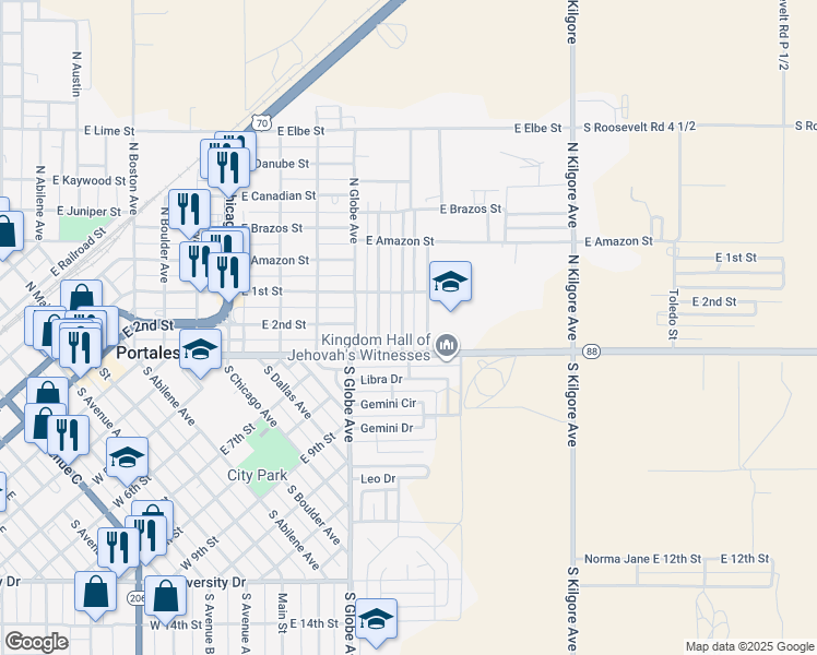map of restaurants, bars, coffee shops, grocery stores, and more near 137 South Indio Avenue in Portales