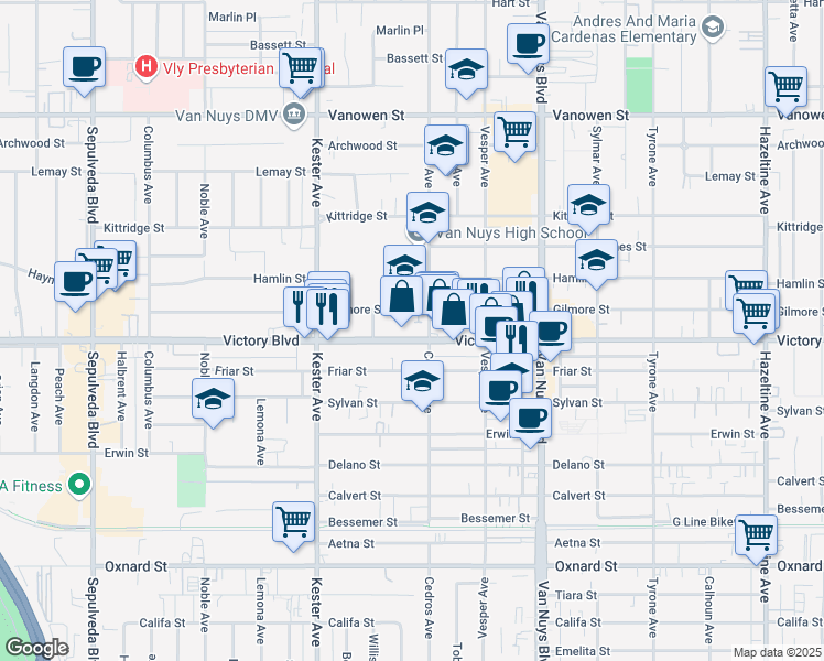 map of restaurants, bars, coffee shops, grocery stores, and more near 14717 Victory Boulevard in Los Angeles