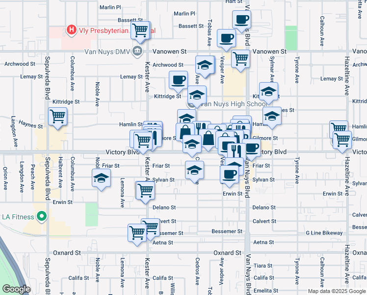 map of restaurants, bars, coffee shops, grocery stores, and more near 14735 Victory Boulevard in Los Angeles