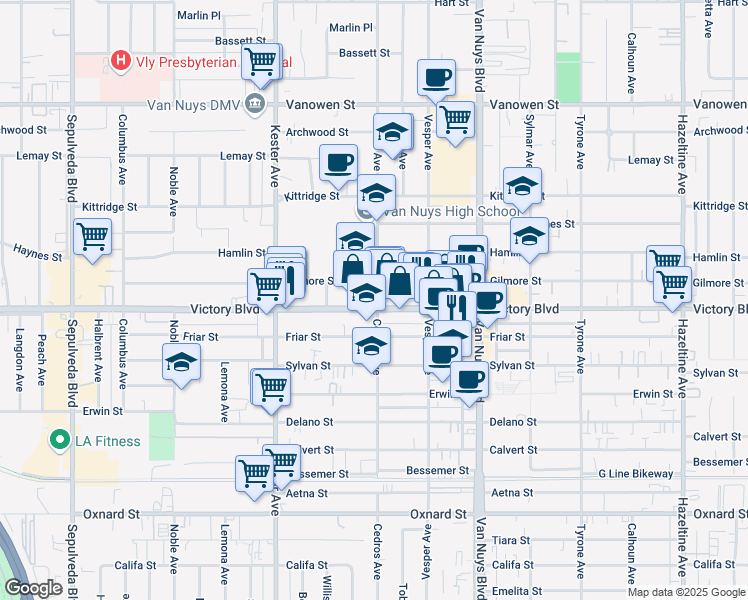 map of restaurants, bars, coffee shops, grocery stores, and more near 14703 Victory Boulevard in Los Angeles