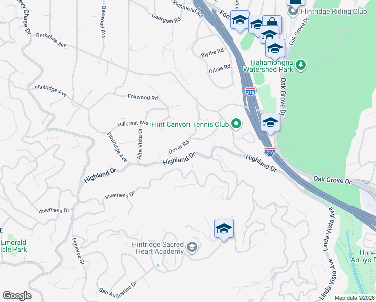 map of restaurants, bars, coffee shops, grocery stores, and more near 563 Highland Drive in La Cañada Flintridge