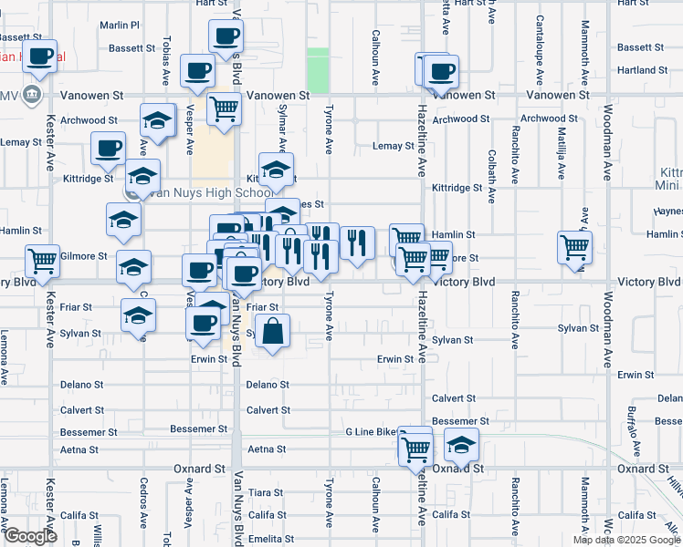map of restaurants, bars, coffee shops, grocery stores, and more near in Los Angeles