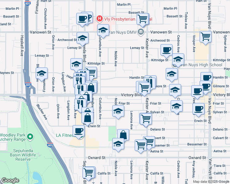 map of restaurants, bars, coffee shops, grocery stores, and more near 15105 Victory Boulevard in Los Angeles