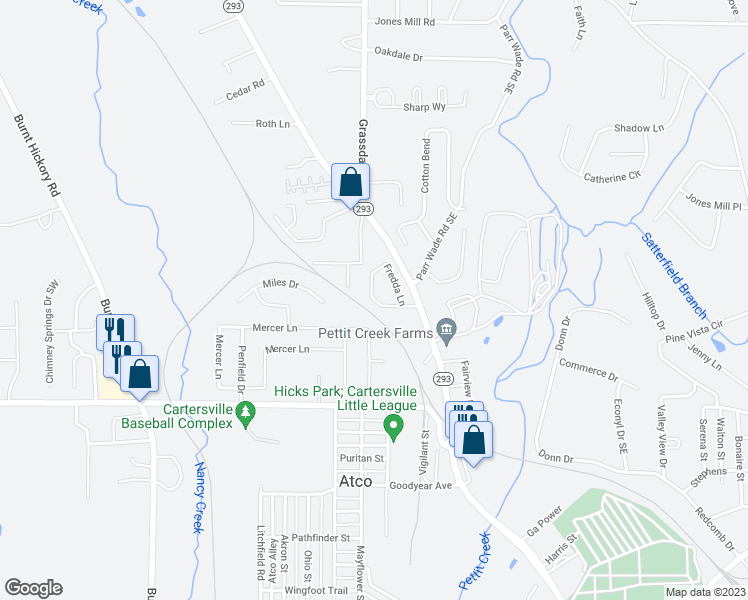 map of restaurants, bars, coffee shops, grocery stores, and more near 41 Hannon Way in Cartersville