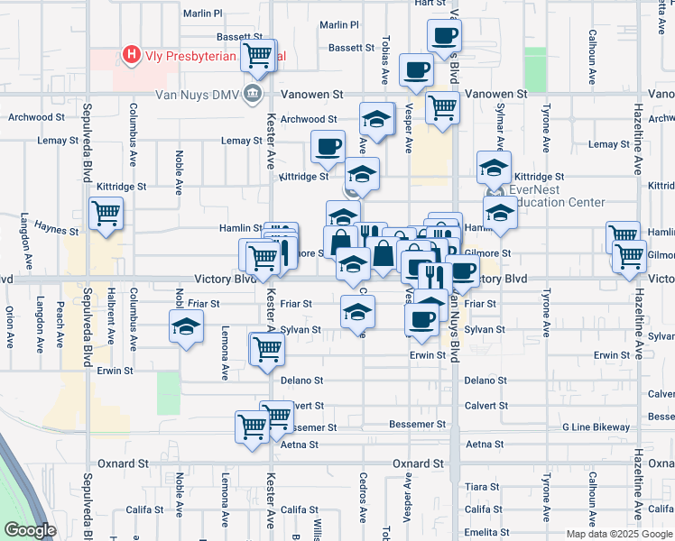 map of restaurants, bars, coffee shops, grocery stores, and more near 14735 Victory Boulevard in Los Angeles