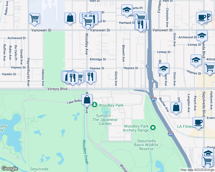 map of restaurants, bars, coffee shops, grocery stores, and more near 15935 1/2 Victory Boulevard in Los Angeles