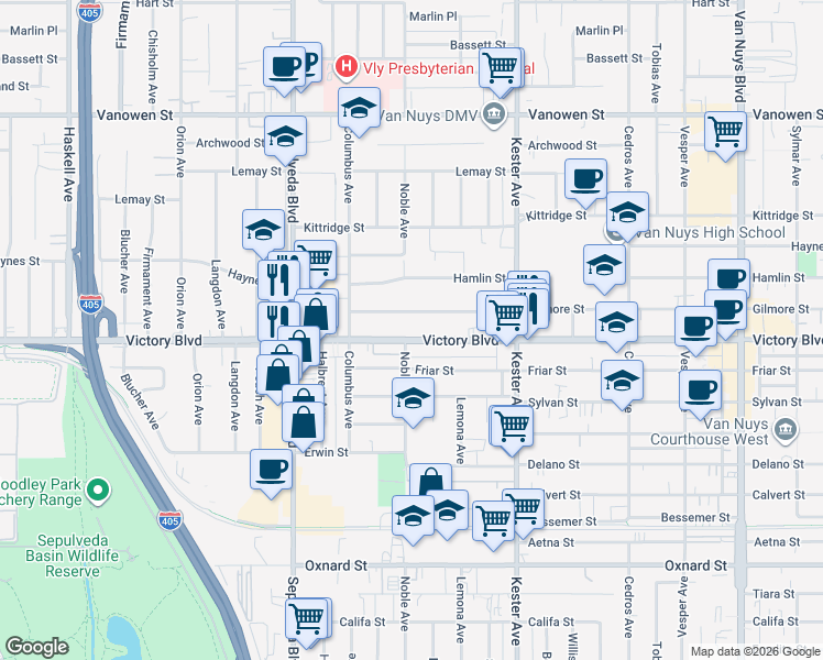 map of restaurants, bars, coffee shops, grocery stores, and more near 15053 Victory Boulevard in Los Angeles