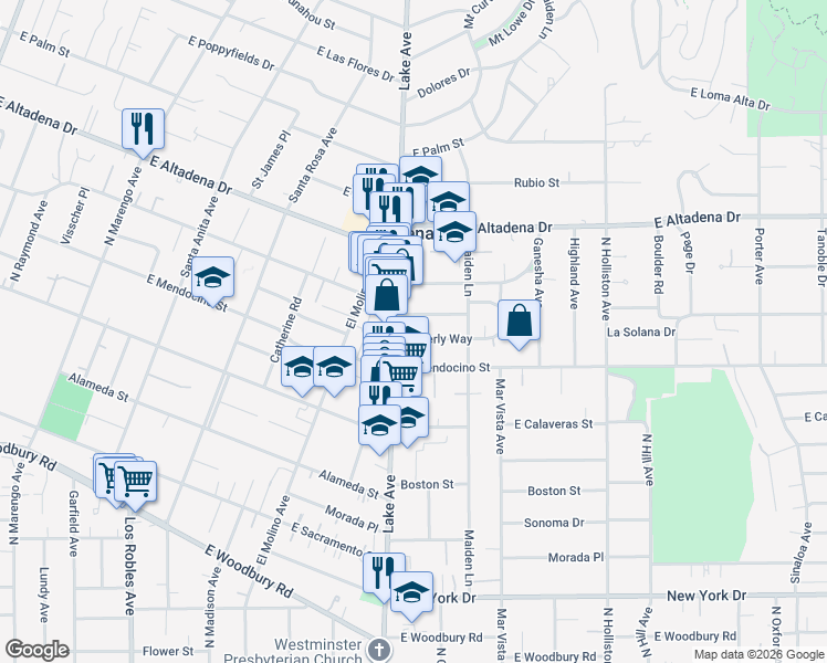 map of restaurants, bars, coffee shops, grocery stores, and more near 925 Beverly Way in Altadena