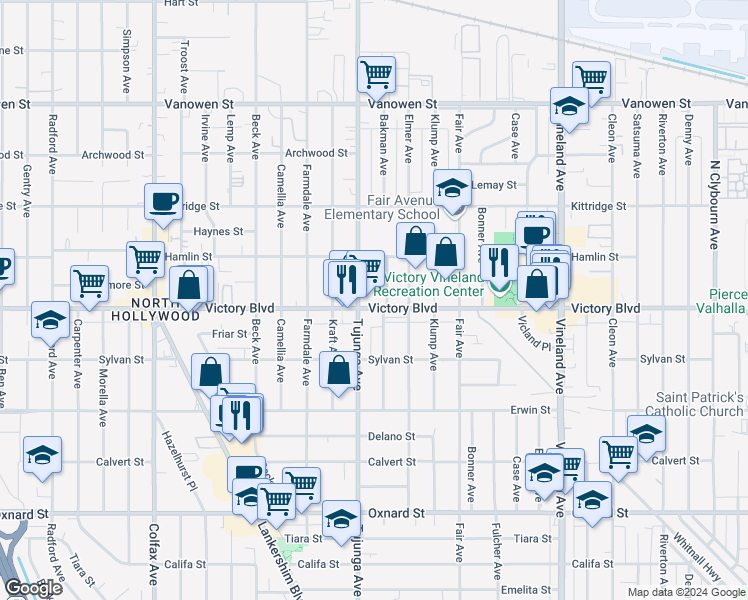 map of restaurants, bars, coffee shops, grocery stores, and more near 11341 Victory Boulevard in Los Angeles