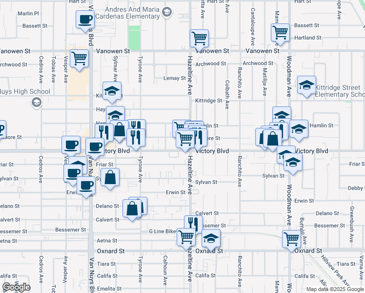 map of restaurants, bars, coffee shops, grocery stores, and more near 14042 1/2 Victory Boulevard in Los Angeles