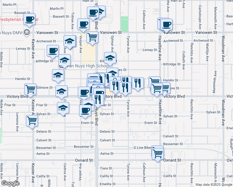 map of restaurants, bars, coffee shops, grocery stores, and more near 14350 Victory Boulevard in Los Angeles