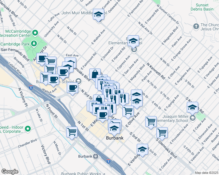 map of restaurants, bars, coffee shops, grocery stores, and more near 441 East San Jose Avenue in Burbank
