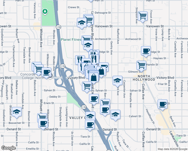 map of restaurants, bars, coffee shops, grocery stores, and more near 6400 Laurel Canyon Boulevard in Los Angeles