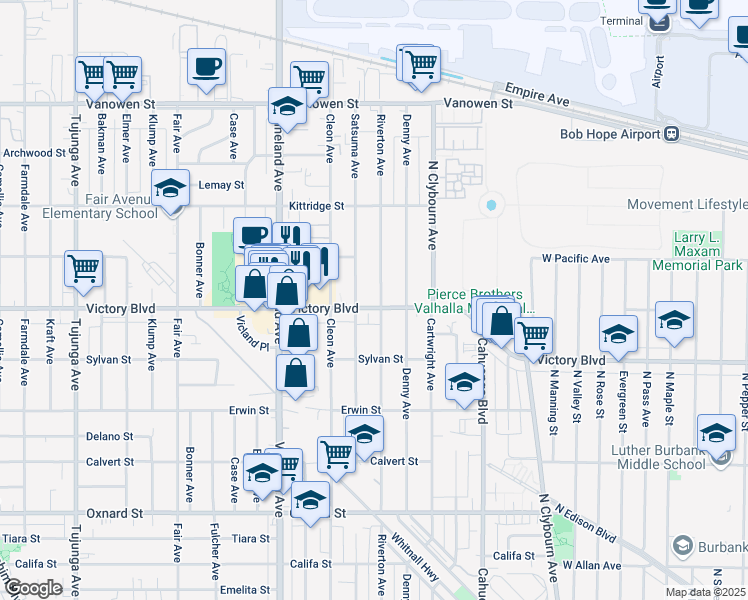 map of restaurants, bars, coffee shops, grocery stores, and more near 10808 Victory Boulevard in Los Angeles