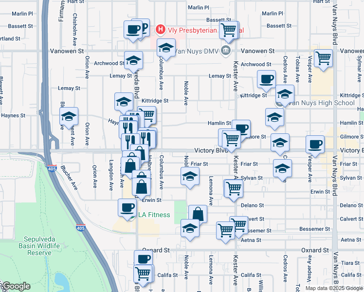 map of restaurants, bars, coffee shops, grocery stores, and more near 15120 Victory Boulevard in Los Angeles