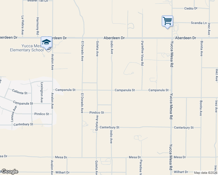 map of restaurants, bars, coffee shops, grocery stores, and more near 3636 Indio Avenue in Yucca Valley