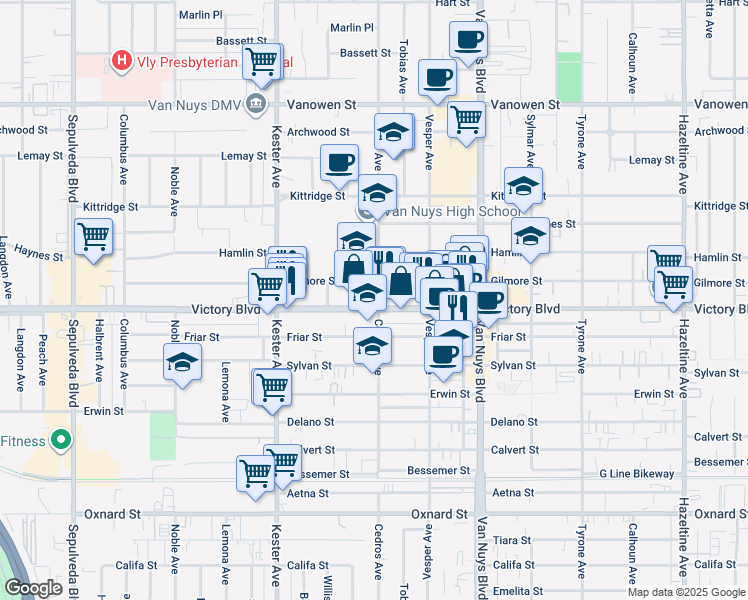 map of restaurants, bars, coffee shops, grocery stores, and more near 14703 Victory Boulevard in Los Angeles