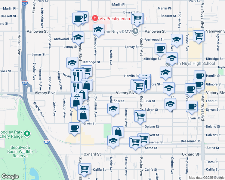 map of restaurants, bars, coffee shops, grocery stores, and more near 15053 Victory Boulevard in Los Angeles