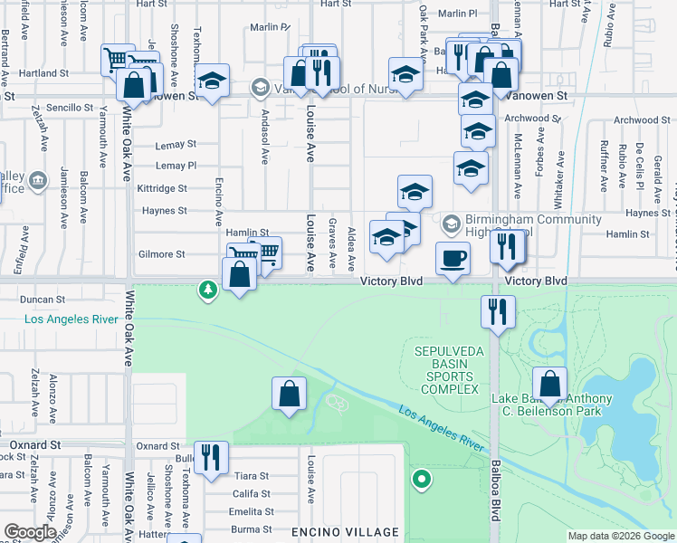 map of restaurants, bars, coffee shops, grocery stores, and more near 6402 Graves Avenue in Los Angeles