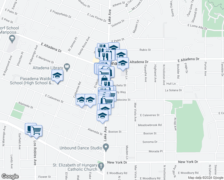 map of restaurants, bars, coffee shops, grocery stores, and more near 925 Beverly Way in Altadena