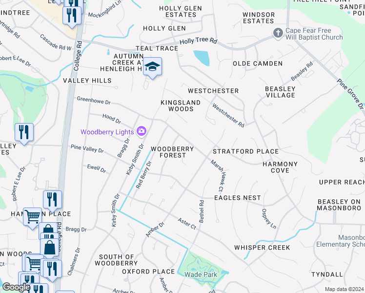 map of restaurants, bars, coffee shops, grocery stores, and more near 3204 Shadow Court in Wilmington