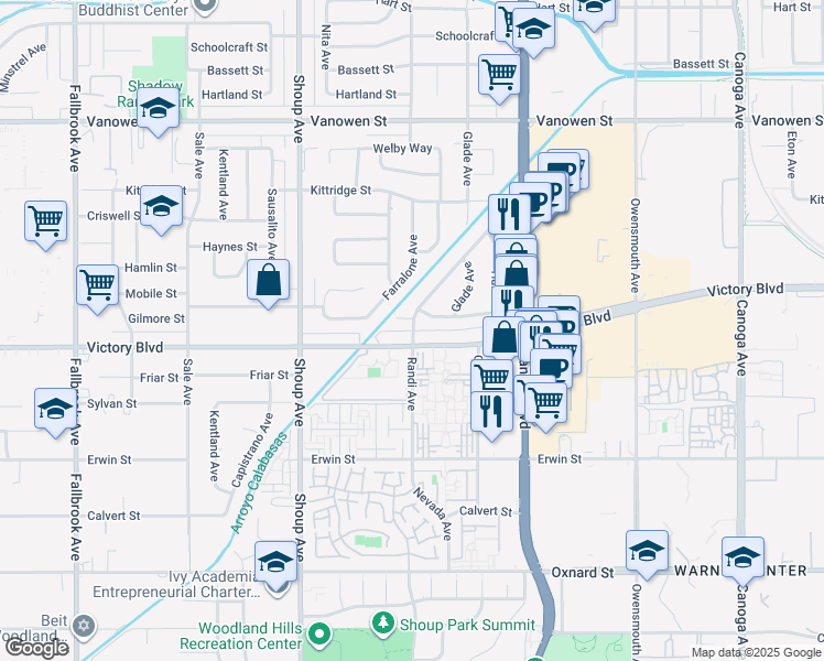map of restaurants, bars, coffee shops, grocery stores, and more near Randi Avenue in Los Angeles
