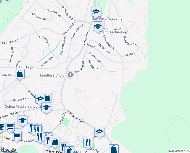 map of restaurants, bars, coffee shops, grocery stores, and more near 775 Parmenter Avenue in Thousand Oaks