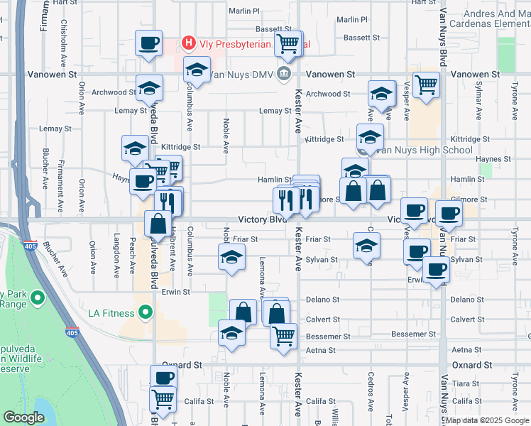map of restaurants, bars, coffee shops, grocery stores, and more near 14957 Victory Boulevard in Los Angeles