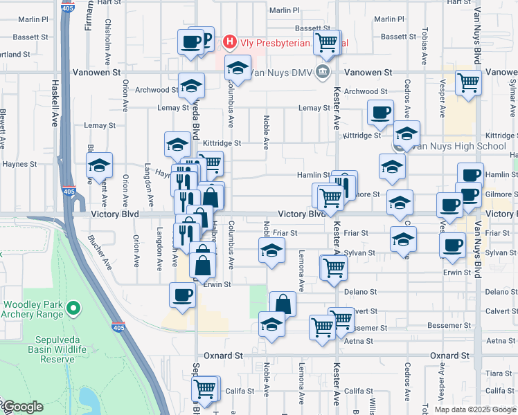map of restaurants, bars, coffee shops, grocery stores, and more near 15115 Victory Boulevard in Los Angeles