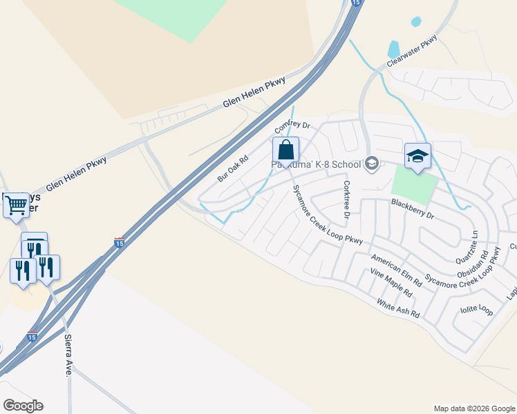 map of restaurants, bars, coffee shops, grocery stores, and more near 17976 Crabapple Court in San Bernardino