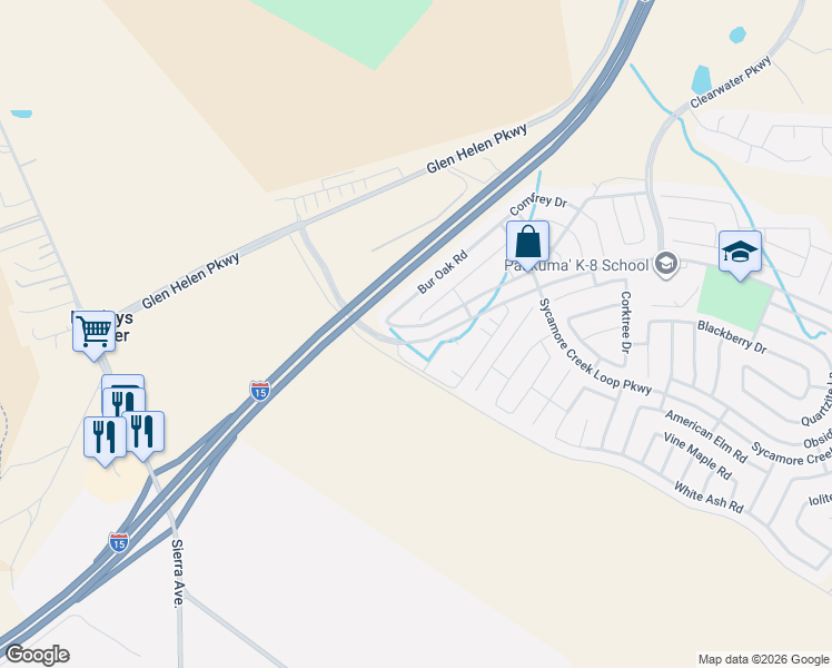 map of restaurants, bars, coffee shops, grocery stores, and more near 3984 Rosena Ranch Road in San Bernardino