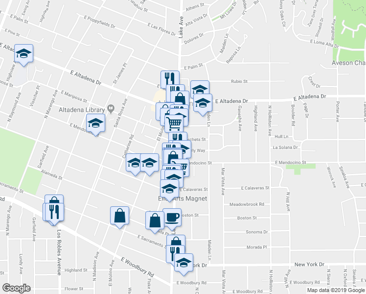 map of restaurants, bars, coffee shops, grocery stores, and more near 922 Beverly Way in Altadena