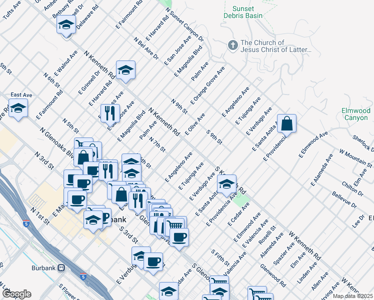 map of restaurants, bars, coffee shops, grocery stores, and more near 726 East Angeleno Avenue in Burbank