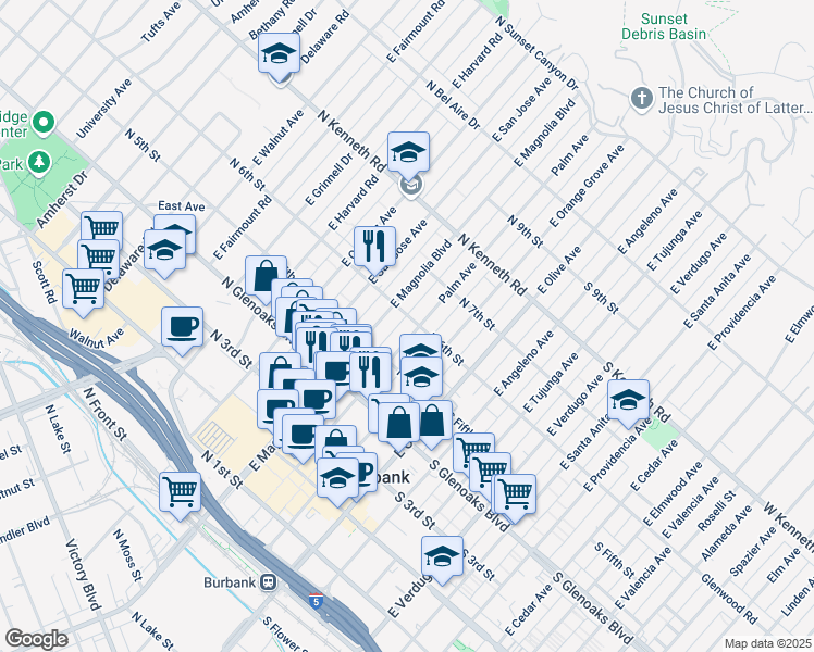 map of restaurants, bars, coffee shops, grocery stores, and more near 545 Palm Avenue in Burbank
