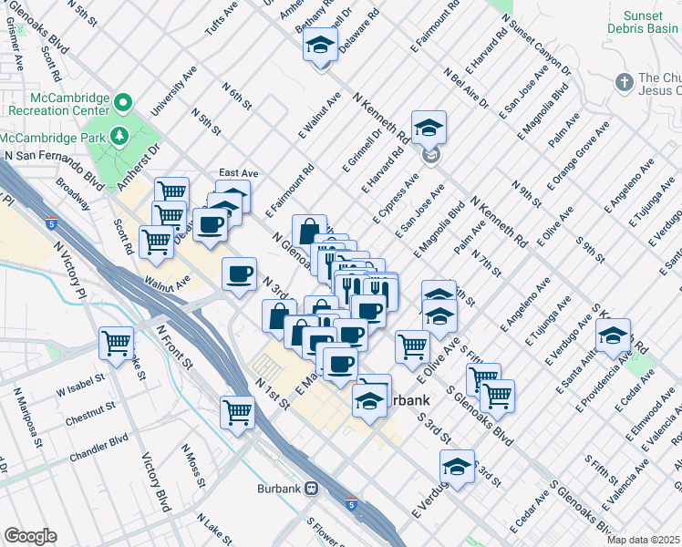 map of restaurants, bars, coffee shops, grocery stores, and more near 545 North Glenoaks Boulevard in Burbank