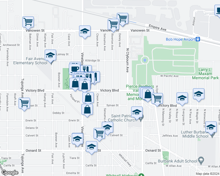 map of restaurants, bars, coffee shops, grocery stores, and more near 10808 Victory Boulevard in Los Angeles