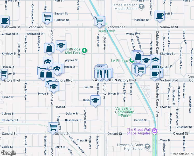 map of restaurants, bars, coffee shops, grocery stores, and more near 13322 Victory Boulevard in Los Angeles