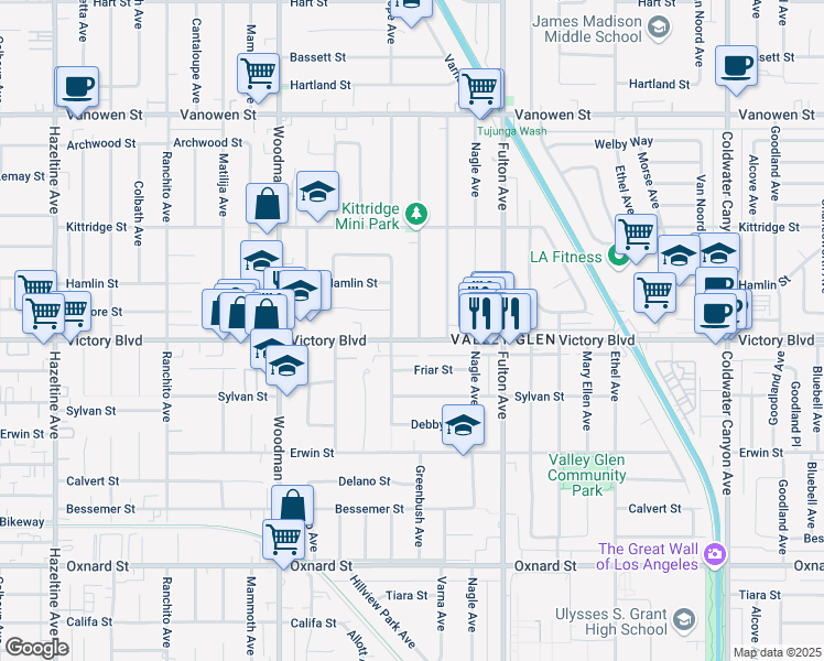 map of restaurants, bars, coffee shops, grocery stores, and more near 13464 Victory Boulevard in Los Angeles